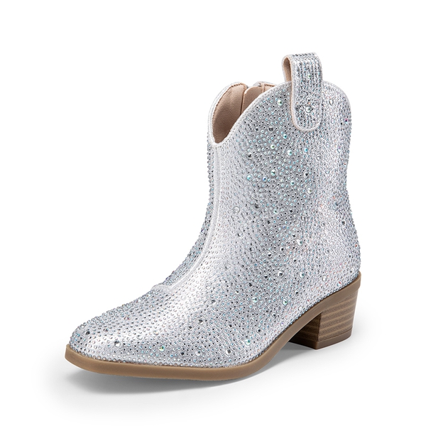 Girls’ Rhinestone Square-Toe Cowgirl Boots - SILVER -  0