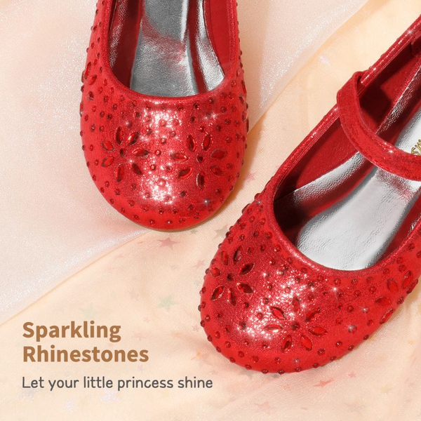 Girls’ Rhinestone Pearl Suede Ankle Strap Flats - RED - 1