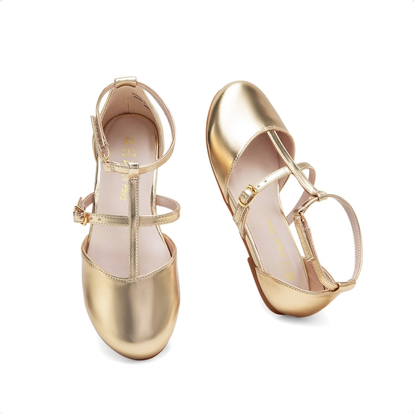 Girls’ Buckle Strap Vegan Leather Dress Shoes - GOLD - 1