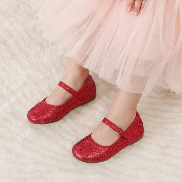 Girls’ Rhinestone Pearl Suede Ankle Strap Flats - RED - 4