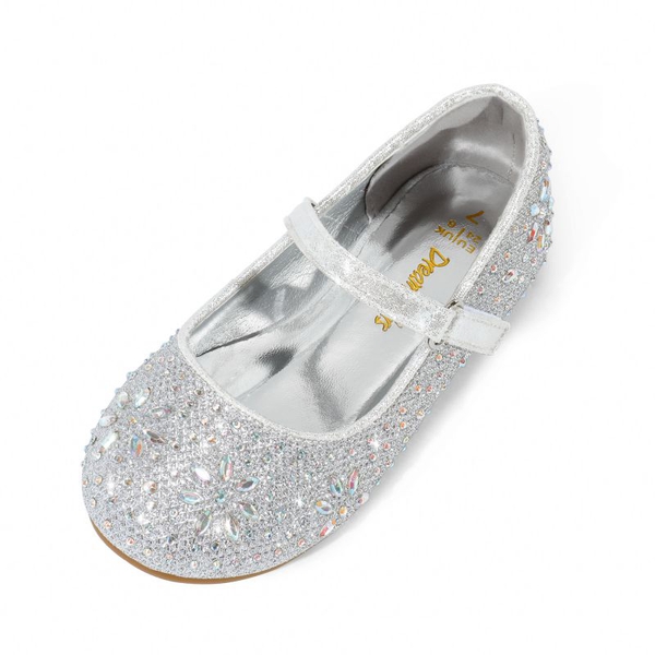 Girls’ Rhinestone Pearl Suede Ankle Strap Flats - SILVER -  0