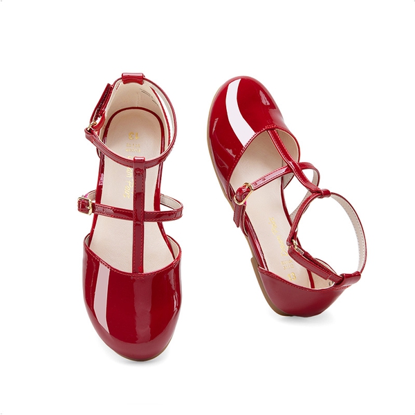 Girls’ Buckle Strap Vegan Leather Dress Shoes - RED - 1