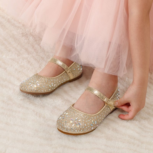Girls’ Rhinestone Pearl Suede Ankle Strap Flats - GOLD - 4