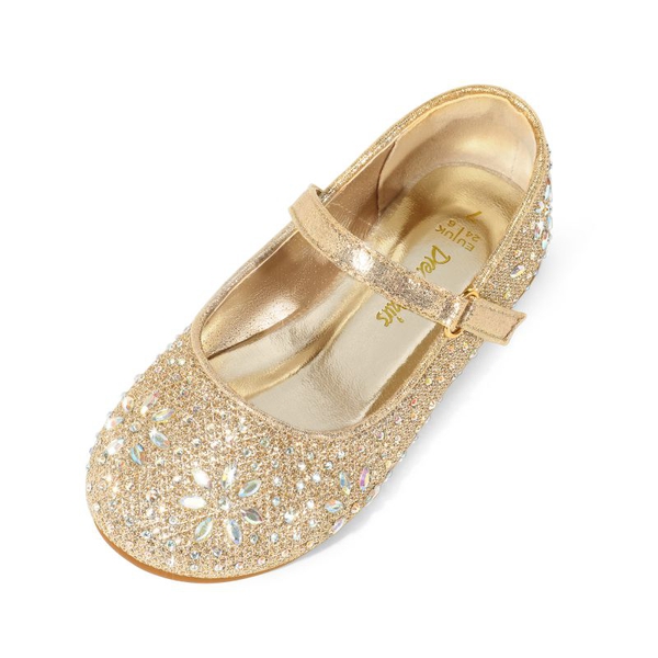 Girls’ Rhinestone Pearl Suede Ankle Strap Flats - GOLD -  0