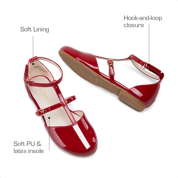 Girls’ Buckle Strap Vegan Leather Dress Shoes - RED - 5