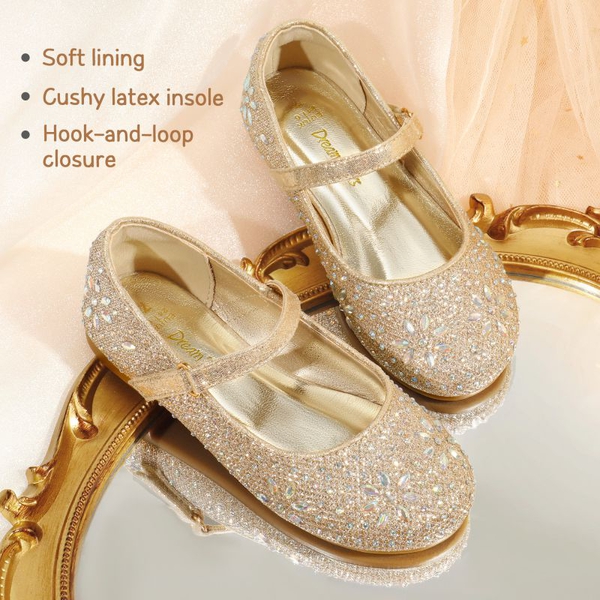 Girls’ Rhinestone Pearl Suede Ankle Strap Flats - GOLD - 2
