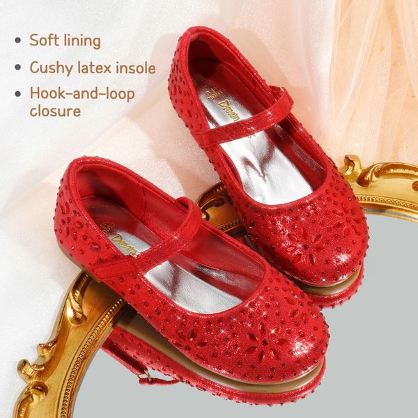 Girls’ Rhinestone Pearl Suede Ankle Strap Flats - RED - 2