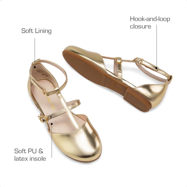 Girls’ Buckle Strap Vegan Leather Dress Shoes - GOLD - 5