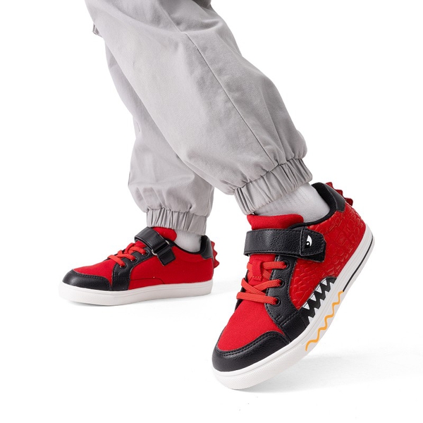 Kids’ Dinosaur-Inspired Hook-and-Loop Sneakers - RED/BLACK - 5