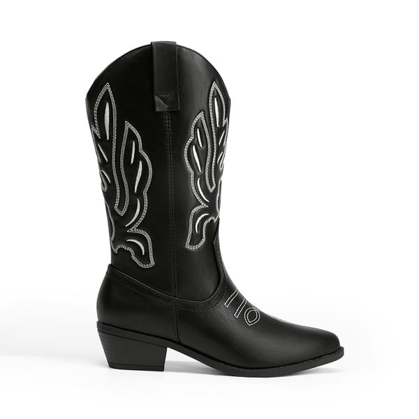 Women’s Embroidered Pointed-Toe Mid-Calf Western Boots - BLACK-PU - 2