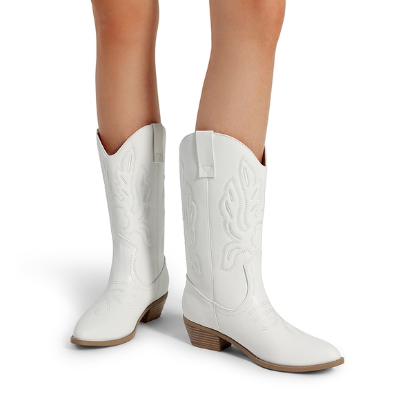 Women’s Embroidered Pointed-Toe Mid-Calf Western Boots - WHITE-PU - 7