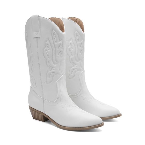 Women’s Embroidered Pointed-Toe Mid-Calf Western Boots - WHITE-PU - 2