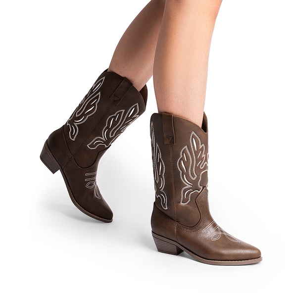 Women’s Embroidered Pointed-Toe Mid-Calf Western Boots - BROWN-PU - 7