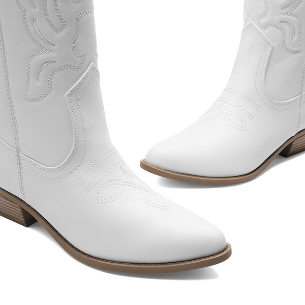 Women’s Embroidered Pointed-Toe Mid-Calf Western Boots - WHITE-PU - 4