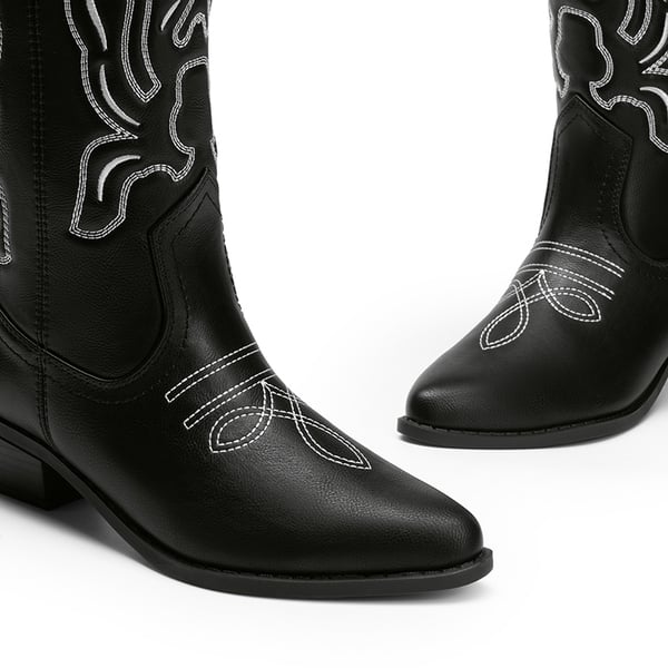 Women’s Embroidered Pointed-Toe Mid-Calf Western Boots - BLACK-PU - 4