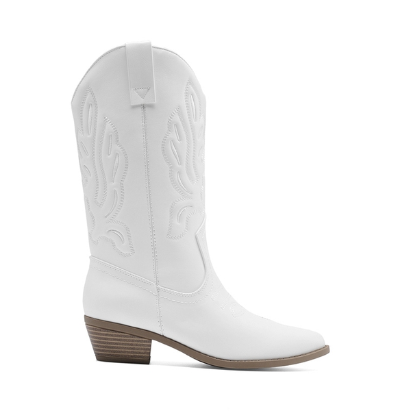 Women’s Embroidered Pointed-Toe Mid-Calf Western Boots - WHITE-PU - 1