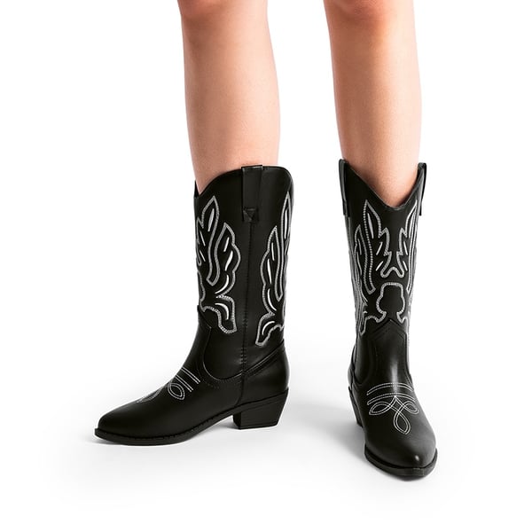 Women’s Embroidered Pointed-Toe Mid-Calf Western Boots - BLACK-PU - 6