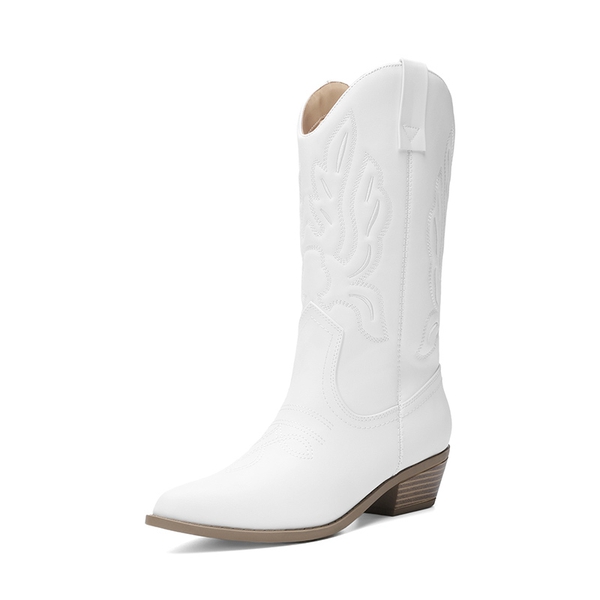 Women’s Embroidered Pointed-Toe Mid-Calf Western Boots - WHITE-PU -  0