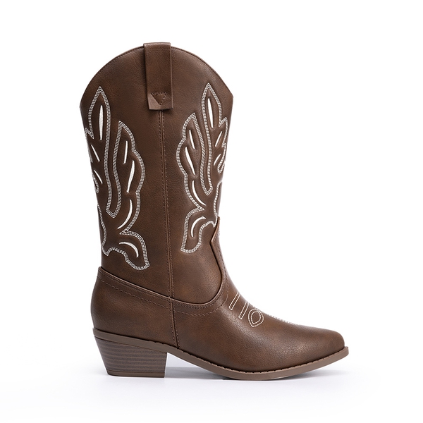Women’s Embroidered Pointed-Toe Mid-Calf Western Boots - BROWN-PU - 2