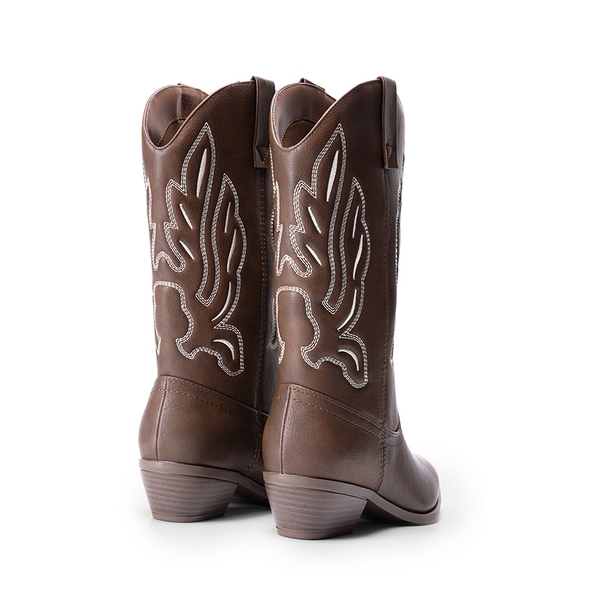 Women’s Embroidered Pointed-Toe Mid-Calf Western Boots - BROWN-PU - 3