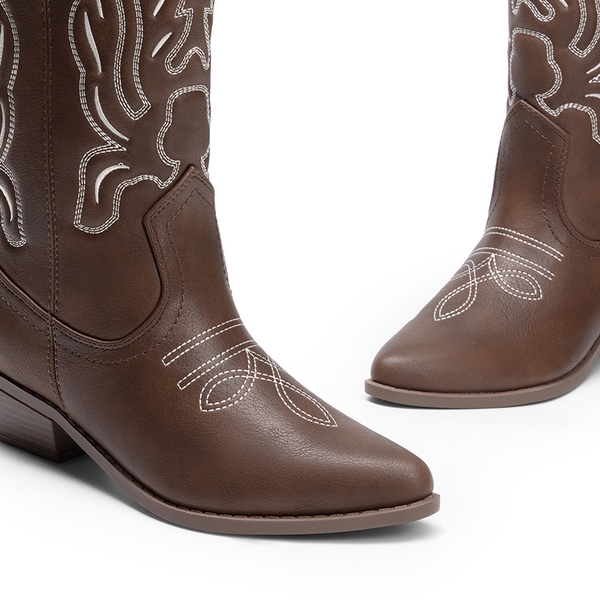 Women’s Embroidered Pointed-Toe Mid-Calf Western Boots - BROWN-PU - 4