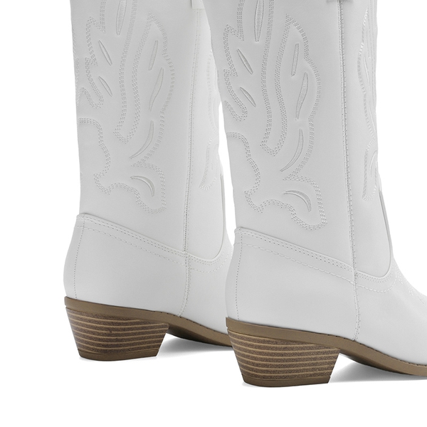 Women’s Embroidered Pointed-Toe Mid-Calf Western Boots - WHITE-PU - 3