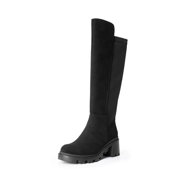 Vegan Leather Chunky Stretch Knee-High Boots - BLACK-SUEDE -  0