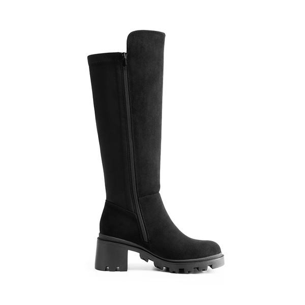 Vegan Leather Chunky Stretch Knee-High Boots - BLACK-SUEDE - 3