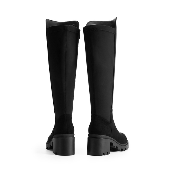Vegan Leather Chunky Stretch Knee-High Boots - BLACK-SUEDE - 4