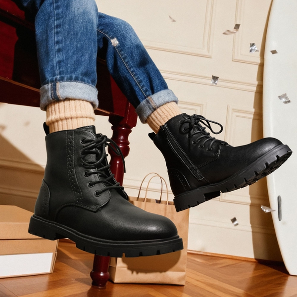 Boys Girls Combat Ankle Boots - BLACK PU - 1