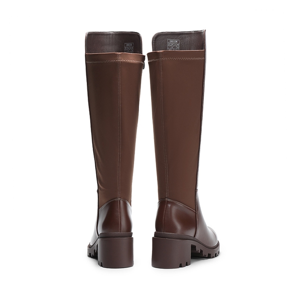 Vegan Leather Chunky Stretch Knee-High Boots - LIGHT BROWN - 4