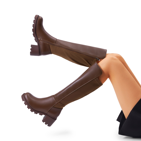 Vegan Leather Chunky Stretch Knee-High Boots - LIGHT BROWN - 1