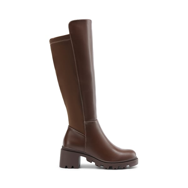 Vegan Leather Chunky Stretch Knee-High Boots - LIGHT BROWN - 3