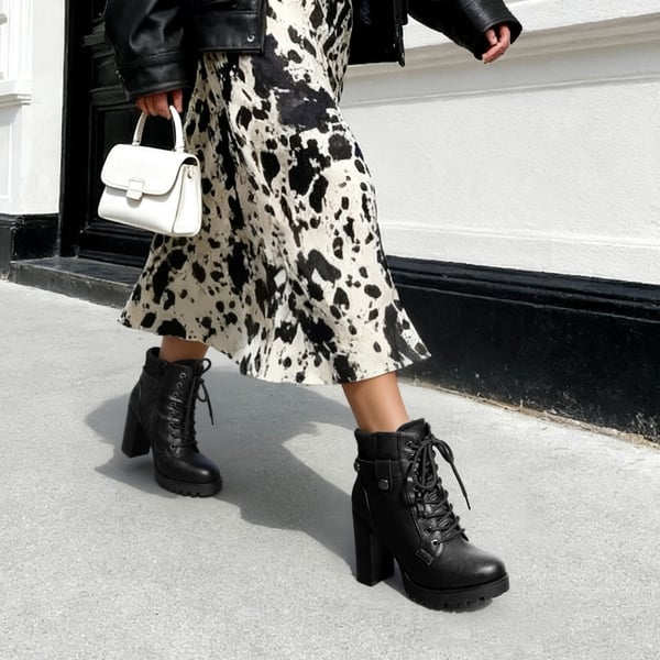 Chunky Round-Toe High Heel Ankle Boots - BLACK - 2