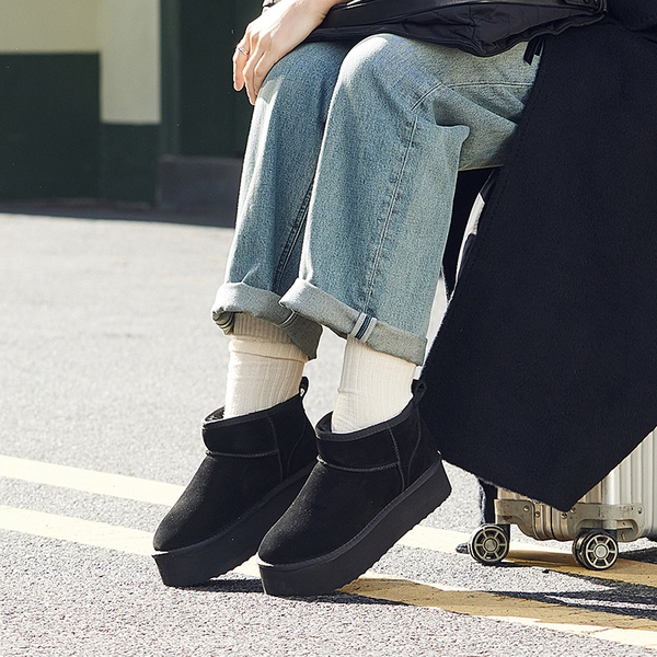 [FuzzyClassic Platform Mini Boot] Suede Platform Ankle Snow Boots - BLACK - 2