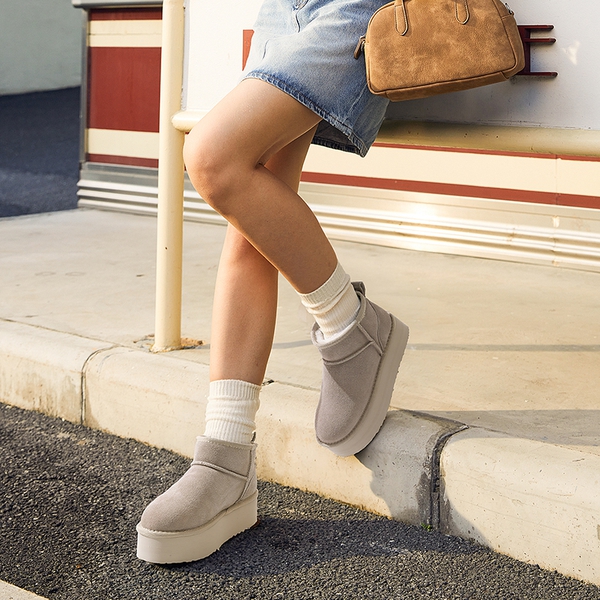 [FuzzyClassic Platform Mini Boot] Suede Platform Ankle Snow Boots - SAND - 1