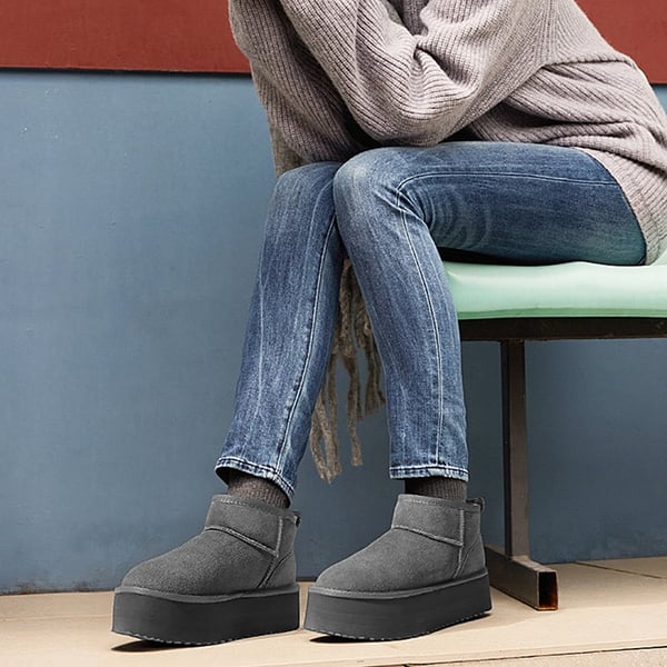[FuzzyClassic Platform Mini Boot] Suede Platform Ankle Snow Boots - GREY - 1