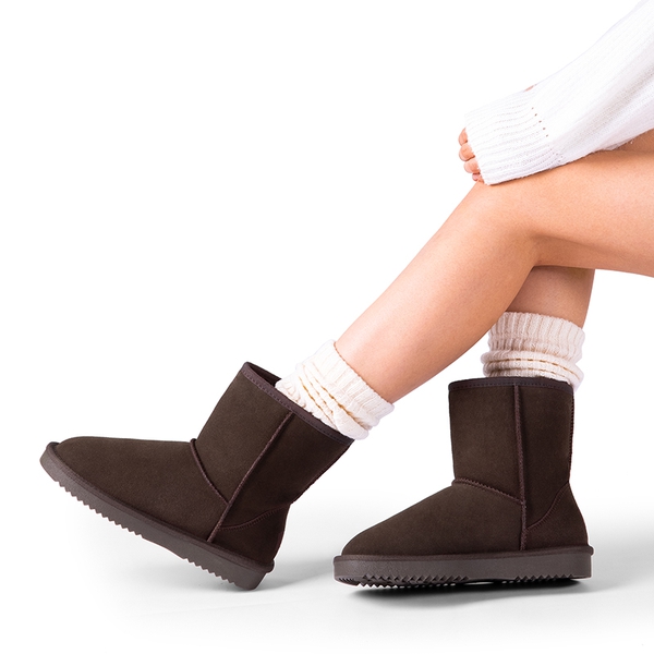 [FuzzyClassic Mid Boot] Suede Mid Calf Snow Boots - BROWN - 6