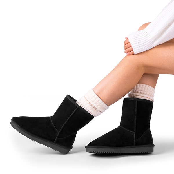 [FuzzyClassic Mid Boot] Suede Mid Calf Snow Boots - BLACK - 7