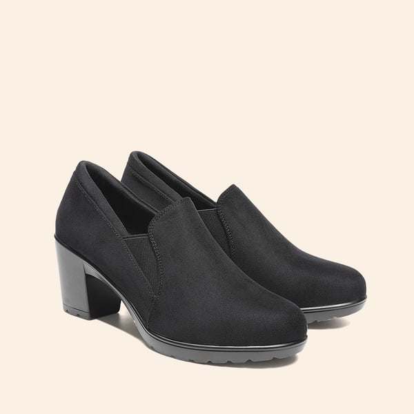 Comfortable Round Toe Block Heel Pumps - BLACK SUEDE - 2