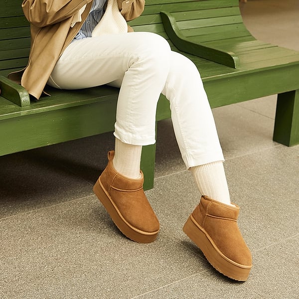 [FuzzyClassic Platform Mini Boot] Suede Platform Ankle Snow Boots - CHESTNUT - 1