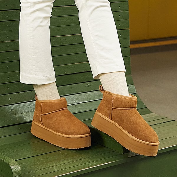 [FuzzyClassic Platform Mini Boot] Suede Platform Ankle Snow Boots - CHESTNUT - 2