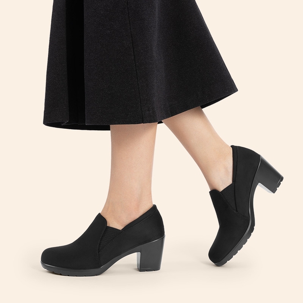 Comfortable Round Toe Block Heel Pumps - BLACK SUEDE - 6