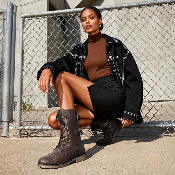 Utilitarian Ankle Mid Calf Combat Boots - BROWN - 1
