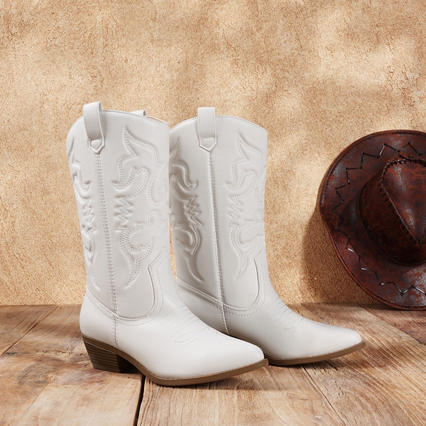 Mid Calf Western Cowboy Boots - WHITE - 4