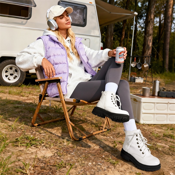 Flat Lace Up Ankle Combat Boots - WHITE - 1