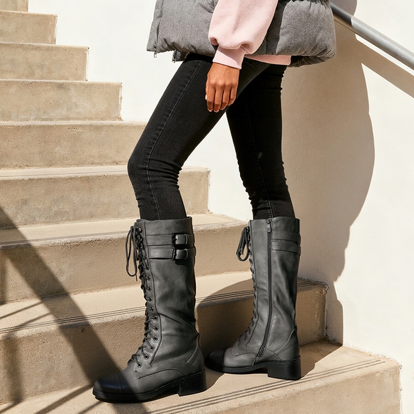 [Georgia] Faux Fur Lining Knee High Riding Boots - GREY - 2