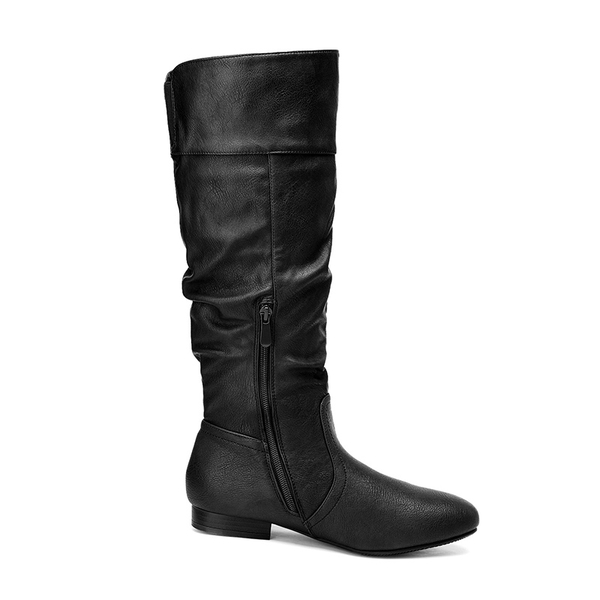 Flat Knee High Boots - BLACK PU - 6
