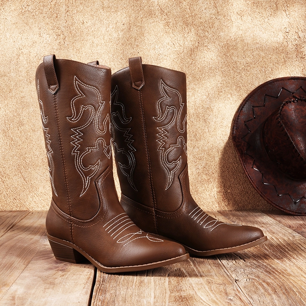 Mid Calf Western Cowboy Boots - BROWN - 4