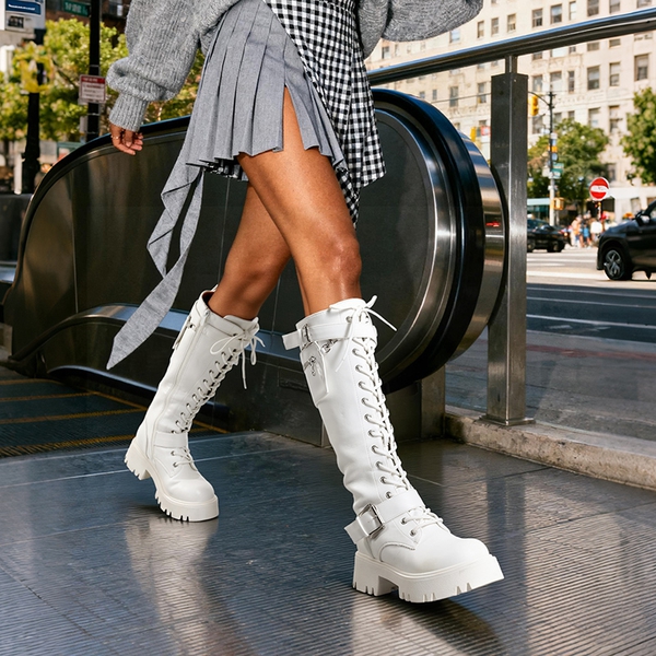 Lug Sole Platform Motorcycle Boots - WHITE - 2